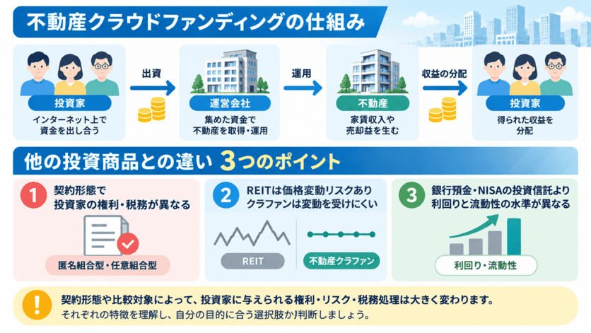 不動産クラウドファンディングの仕組みと他の投資商品との違いの解説