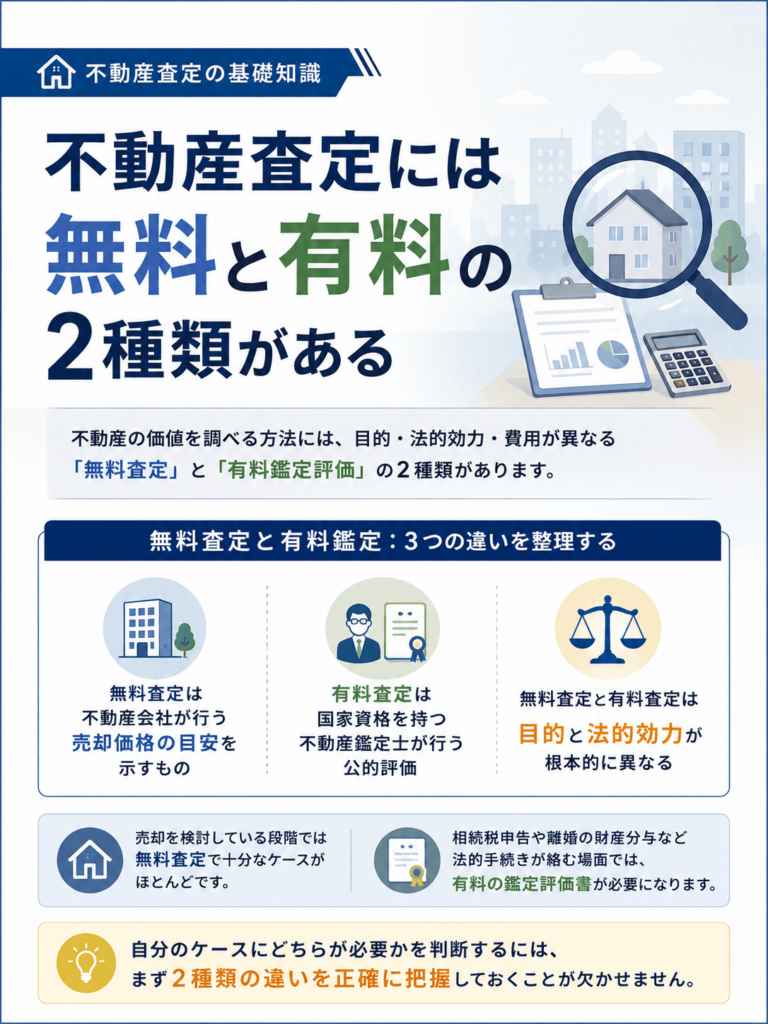 不動産査定には無料と有料の2種類があることを示す画像